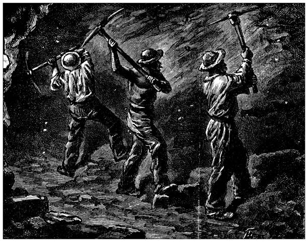 ilustraciones, imágenes clip art, dibujos animados e iconos de stock de ilustración antigua: trabajadores de minas de carbón - working illustration and painting engraving occupation
