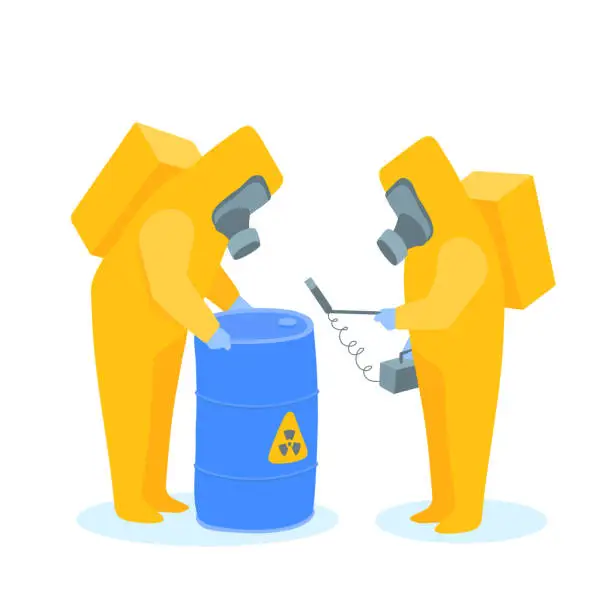 Vector illustration of Two workers in yellow protective suits next to a barrel of radioactive waste. A worker holds a radiation meter, a Geiger counter, in his hand. Men in hazmat checking radioactivity of a drum.