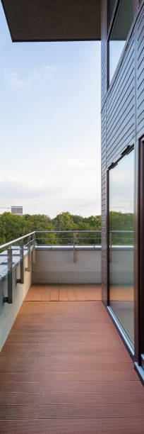 istock Balcony with wooden floor, vertical panorama 1245898731