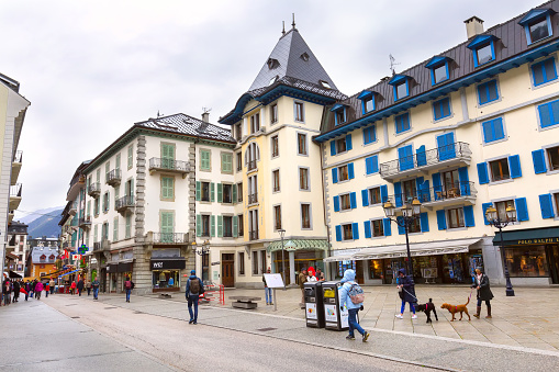 Chamonix Mont-Blanc, France - October 4, 2019: Street view in the center of famous ski resort in French Alps