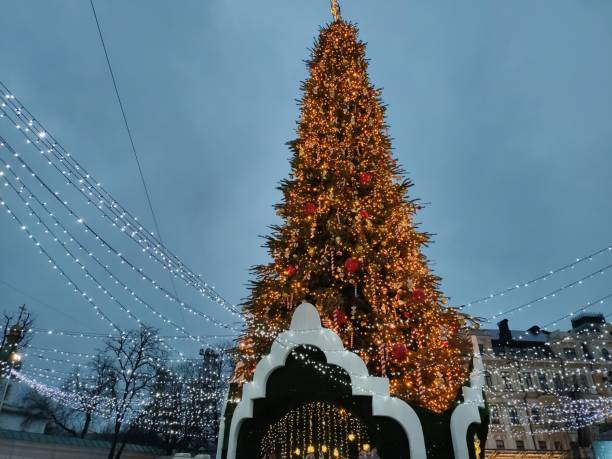 istock Christmas tree in the city with decor and lights 1245909022