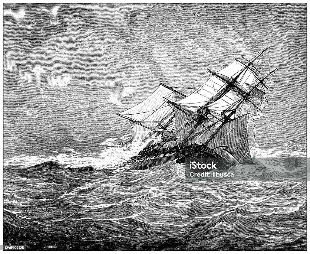 Antique illustration: Shipwreck Etching stock illustration