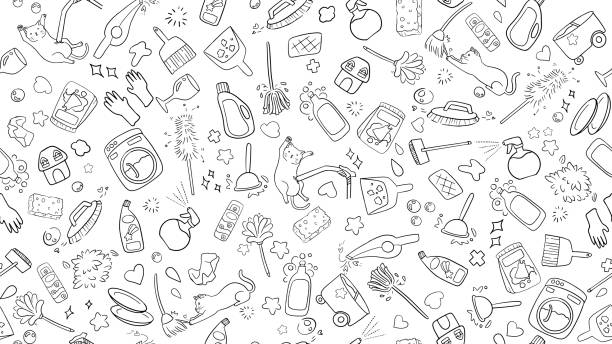 cute kawaii seamless black and white doodle background of household cleaning item icon collection cute kawaii seamless black and white doodle background of household cleaning item icon collection cleaning drawings stock illustrations