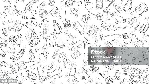 Cute Kawaii Seamless Black And White Doodle Background Of Household  Cleaning Item Icon Collection Stock Illustration - Download Image Now -  iStock