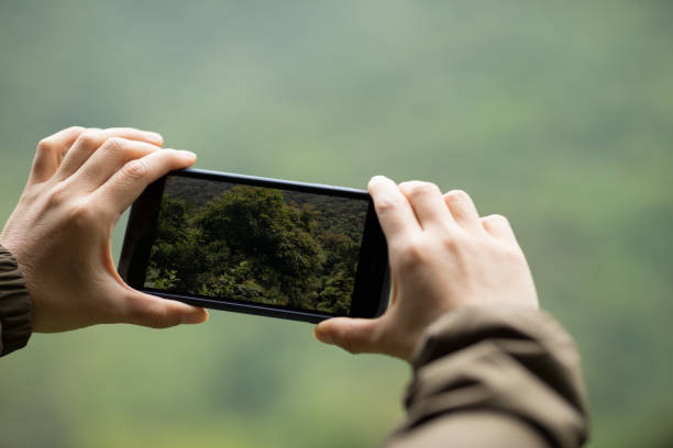 istock Hiker hands taking picture with mobile phone in spring nature 1245929021