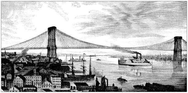 ilustraciones, imágenes clip art, dibujos animados e iconos de stock de ilustración antigua: puente de brooklyn - east river illustrations