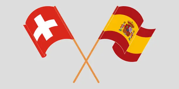 Vector illustration of Crossed and waving flags of Switzerland and Spain