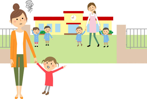 Waiting children and mothers who want to go to a nursery school It is an illustration of a waiting child who wants to go to a nursery school and a mother who is having trouble responding. preschool building stock illustrations