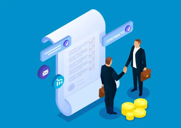 Vector illustration of Two businessmen stand in front of the contract and shake hands to reach an agreement