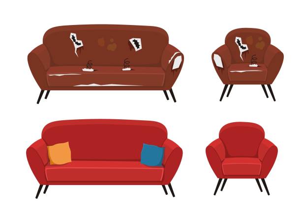 altes und neues sofa - sofa stock-grafiken, -clipart, -cartoons und -symbole