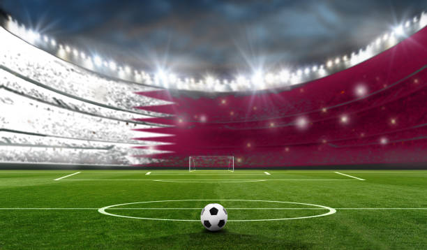 voetbalstadion in de avond klaar voor de wedstrijd - qatar football stockfoto's en -beelden