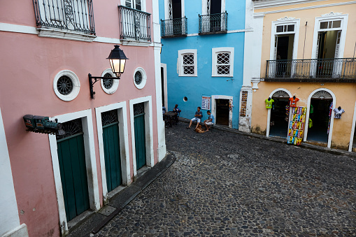 Colorful painted houses at Pelourinho in the historic Center of Salvador, Bahia, Brazil.