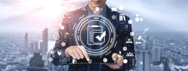 compliance rule law and regulation graphic interface for business quality policy - legal system imagens e fotografias de stock