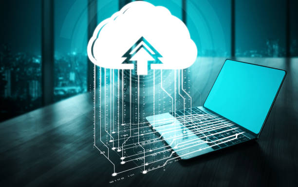 Cloud computing technology and online data storage for business network concept. Cloud computing technology and online data storage for business network concept. Computer connects to internet server service for cloud data transfer presented in 3D futuristic graphic interface. cloud disaster recovery cost stock pictures, royalty-free photos & images