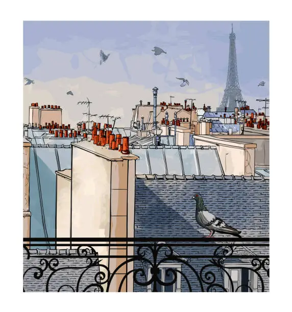 Vector illustration of Aerial panoramic cityscape view of Paris