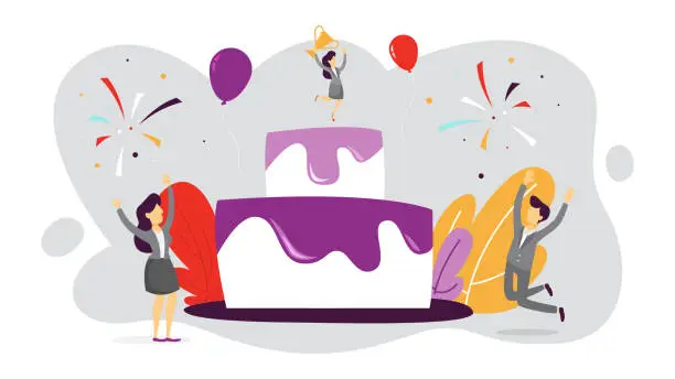 Vector illustration of Big cake and people around celebrate success. Party for birthday or anniversary.