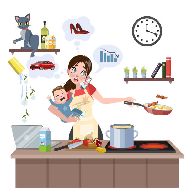 illustrations, cliparts, dessins animés et icônes de occupé multitâche mère avec bébé a échoué à faire beaucoup de choses à la fois. femme fatiguée - cooking mess