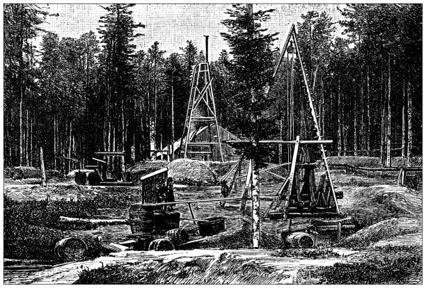 Antique illustration: Extraction of petroleum in Galicia