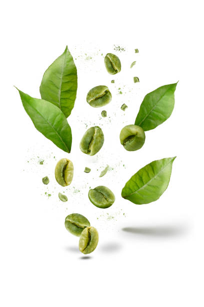 Green coffe beans explosion stock photo