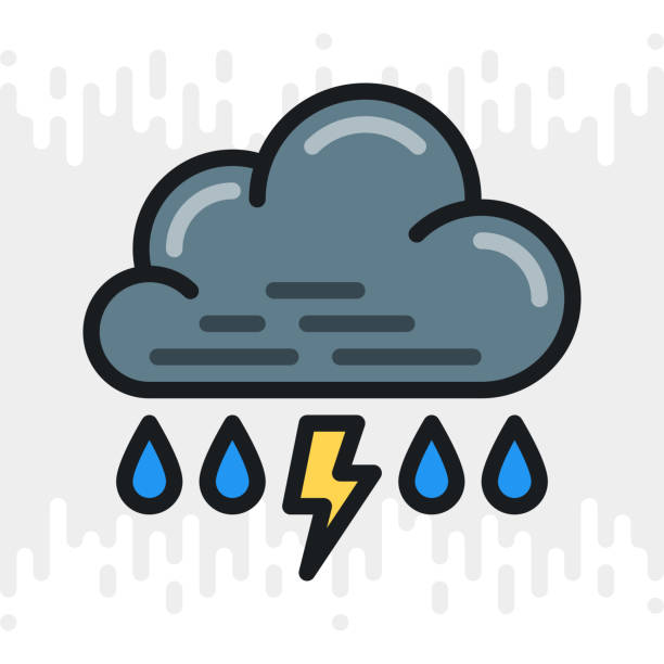 Rain with thunder or thunderstorm icon for weather forecast application or widget. Cloud with raindrops and lightning bolt. Color version on light gray background Rain with thunder or thunderstorm icon for weather forecast application or widget. Cloud with raindrops and lightning bolt. Color version on a light gray background storm cloud sky dramatic sky cloud stock illustrations