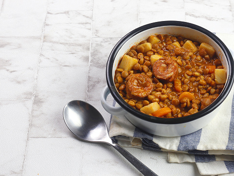 traditonal from Spain a delicious stew of lentils with spanish chorizo