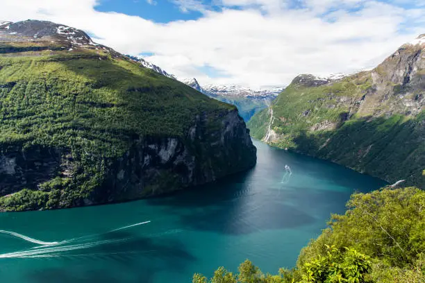 Geiranger, harbor and fjord in More og Romsdal county in Norway famous for his beautiful boattrip through the fjord.