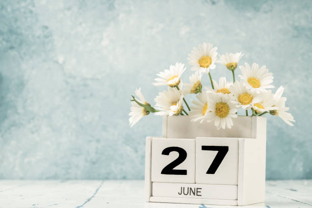 istock White cube calendar for june decorated with daisy flowers 1246018476
