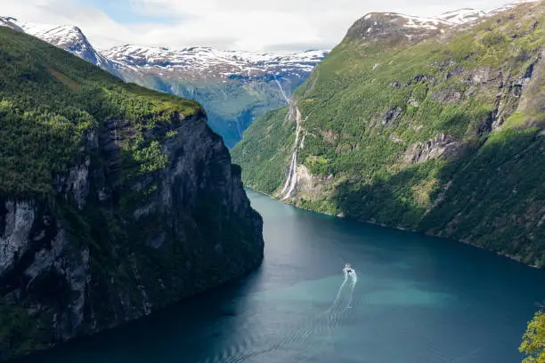 Geiranger, harbor and fjord in More og Romsdal county in Norway famous for his beautiful boattrip through the fjord.