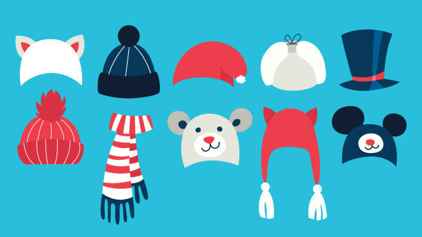 Set of warm cute winter hat for cold season. Collection of fashion clothing for bad weather. Set of warm cute winter hat for cold season. Collection of fashion clothing for bad weather. Flat vector illustration winter fashion collection stock illustrations