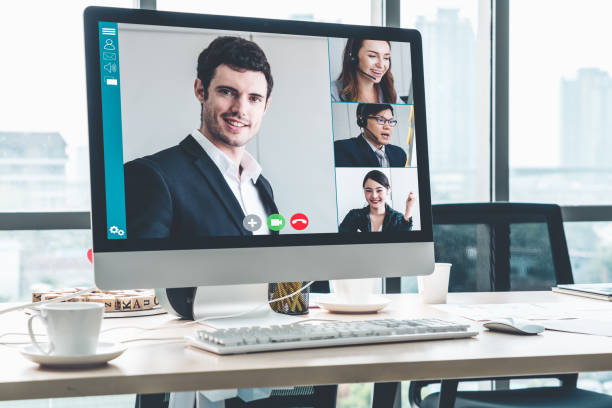 istock Video call business people meeting on virtual workplace or remote office 1246027213