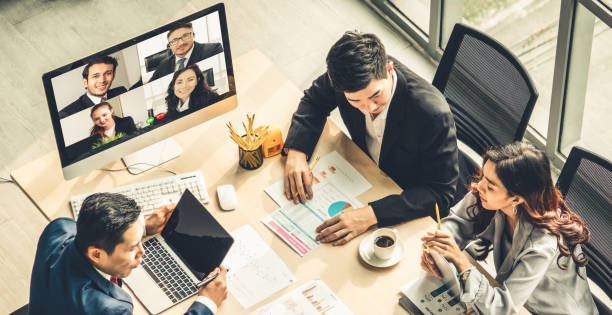 istock Video call group business people meeting on virtual workplace or remote office 1246028274