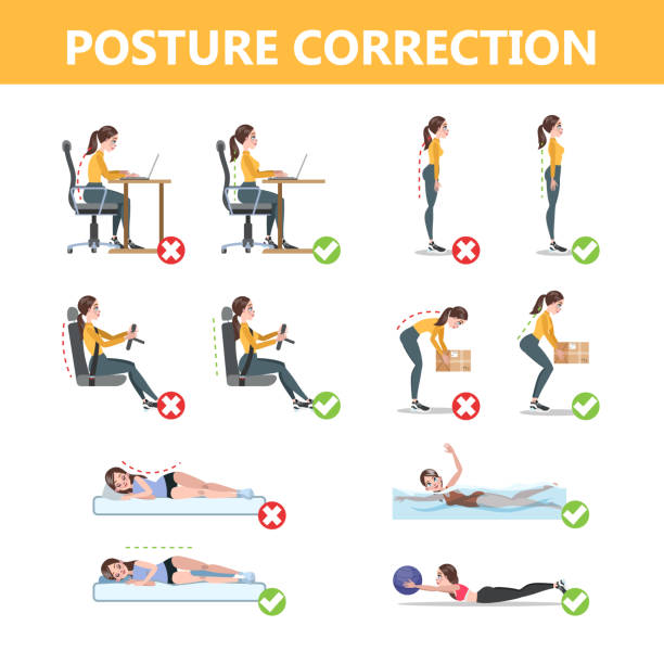 자세 인포그래픽을 수정하는 방법. 잘못된 포즈와 허리 통증. wron 및 오른쪽 몸 - posture stock illustrations