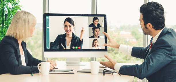 istock Video call group business people meeting on virtual workplace or remote office 1246028882