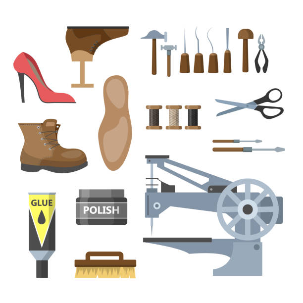 Set of the shoe repair equipment illustration. Hammer and scissors, boot and pricker. Set of the shoe repair equipment illustration. Hammer and scissors, boot and pricker. Working as cobbler. Isolated vector flat illustration shoemaker stock illustrations