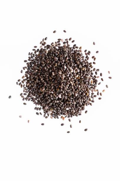 istock Pile of Chia seeds top view. Isolated on white background 1246029065