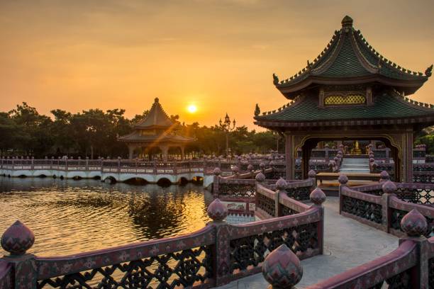 istock Sunset with Chinese building architects scenes in warming background 1246029175