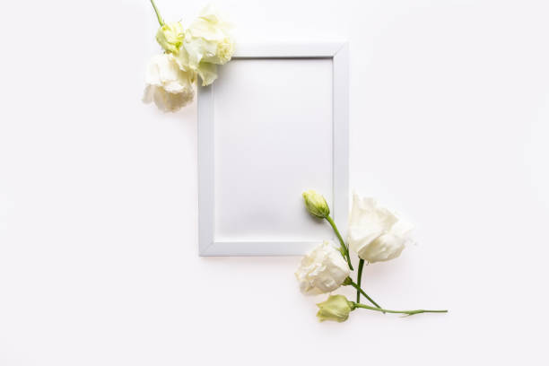 istock Beautiful flowers composition. Blank frame for text, white flowers on white background. Valentines Day, Easter, Birthday, Happy Women's Day, Mother's day. Flat lay, top view, copy space 1246029276