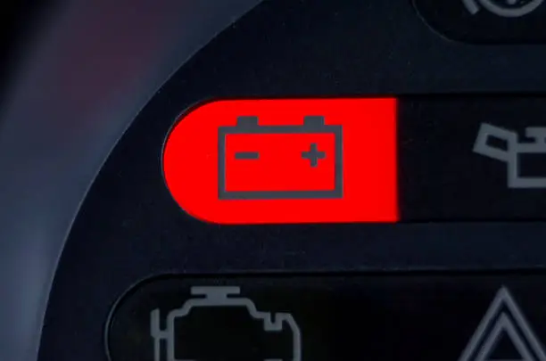 Screen symbols battery warning light in-car dashboard, close up