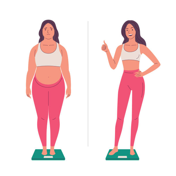 Weight loss. Vector illustration of cartoon young sad woman with overweight and same happy woman with slim body, standing on the scales. Isolated on white. weight loss stock illustrations
