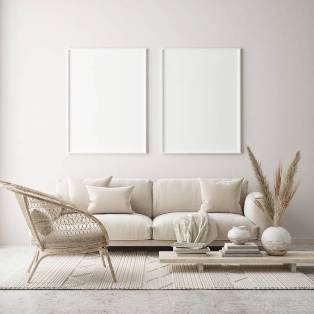 istock mock up poster frame in modern interior background, scandinavian style, 3D render 1246047276