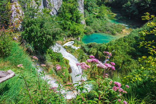 Picturesque landscape with waterfalls at Plitvice Lakes National Park in Croatia.