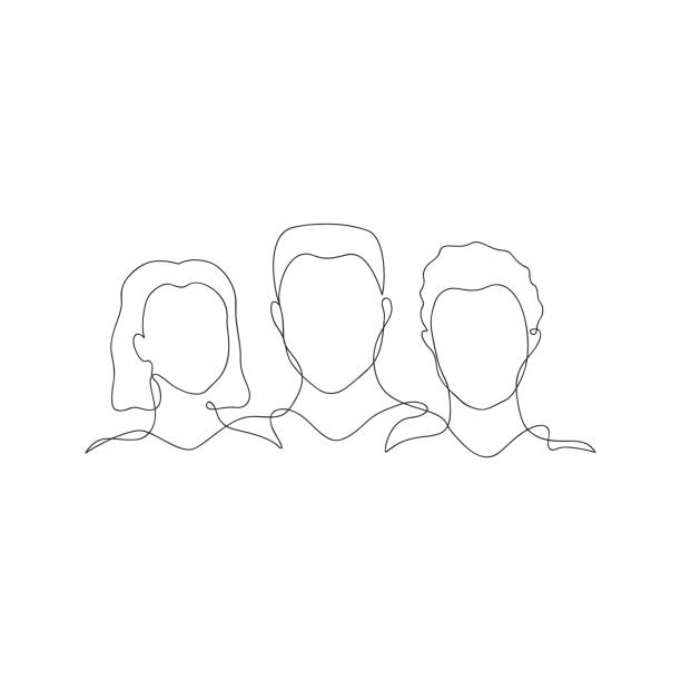 People silhouette one line Three people silhouette vector illustration. Hand drawn different gender, culture outline figures in one black line. Equality graphic illustration. Isolated. woman silhouette illustration stock illustrations