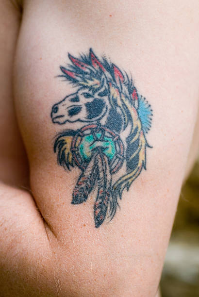 Tattoo on bicep of Horse mans arm Apache horse tattoo on mans arm. tattoo arm stock pictures, royalty-free photos & images