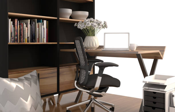 3D rendering of working space with shelf 3D rendering of working space with shelf on white background home office chair stock pictures, royalty-free photos & images
