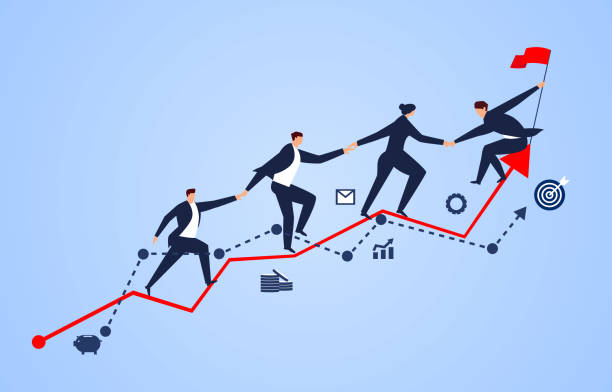 A group of businessmen holding hands on a business chart A group of businessmen holding hands on a business chart climbing illustrations stock illustrations