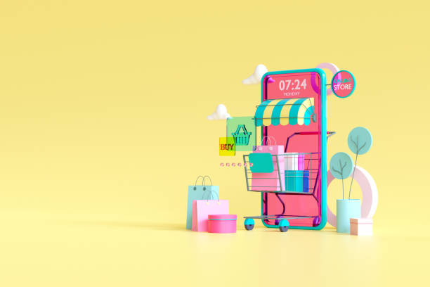 istock Shopping on-line. Online store on website or mobile application. 3d rendering background. digital marketing shop 1246081366