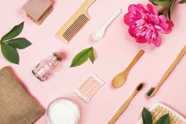 istock Zero waste bathroom accessories, bamboo toothbrush, wooden comb, handmade solid soap, tooth powder, washcloth made of natural herbs Modern sustainable lifestyle concept. Zero waste cosmetics 1246090262