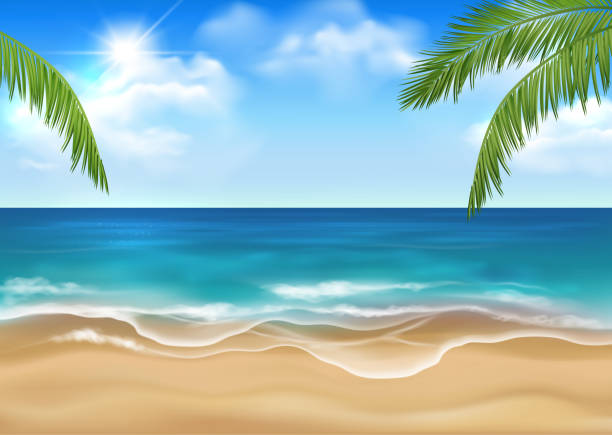 istock Vector sunny sandy beach with idyllic sea scenery, blue sky with sun and clouds and green palm leaves 1246091357