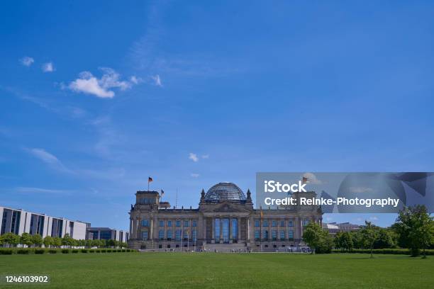 Reichstag With Platz Der Republik In The Foreground And Blue Sky Stock Photo - Download Image Now