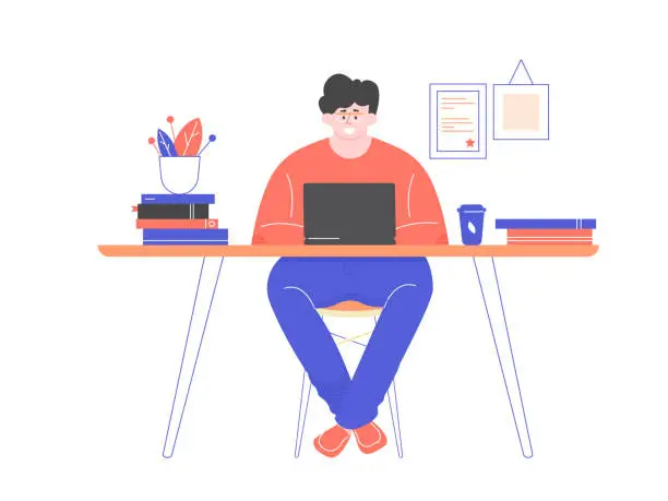Vector illustration of Freelancer man in glasses at desk with laptop. Remote work and online education at home. Vector flat illustration.